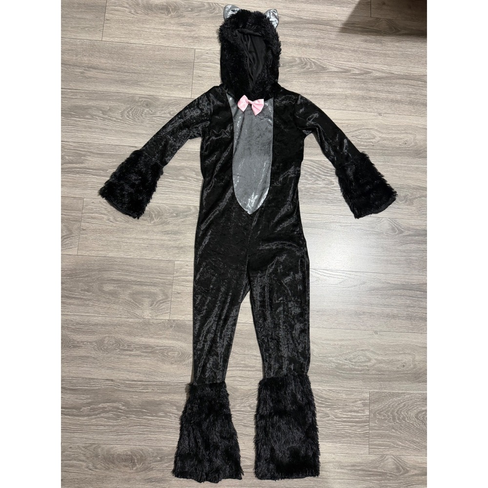 Spirit Halloween Youth L Black Cat Jumpsuit Costume Hooded Faux Fur Black